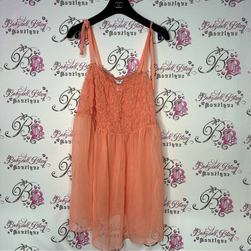 La senza babydoll orange ruffle frilly dress ribbon tie up straps mesh y2k VTG